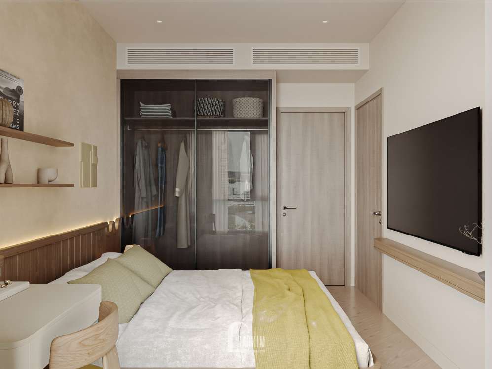 Phòng ngủ master ấm cúng với phong cách Modern Retro tại thiết kế nội thất chung cư Lumière Evergreen